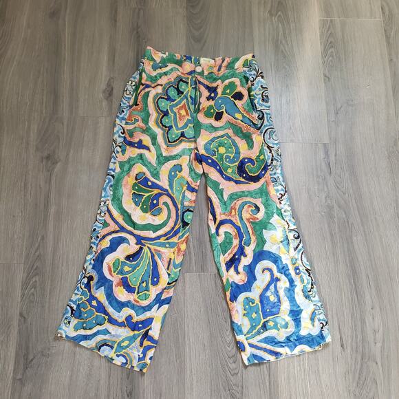 Maeve Anthropologie Pants 4P Wide Leg Satin Colorful Bold Boho Art Wear - Picture 1 of 10